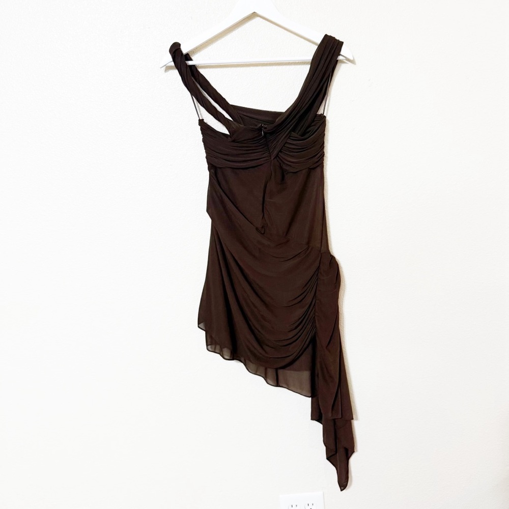 Ronny Kobo Izel Dress in Desert Chocolate Brown Draped Mesh Twist Mini Revolve - Picture 8 of 13